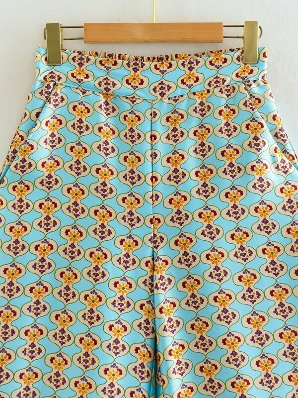 Zach AiIsa Autumn New Women's Printed Silk Satin Loose Shirt + Versatile Geometric Printed Casual Stretch High Waist Pants