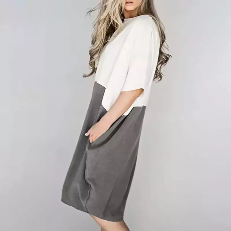Vestido holgado informal de lino con media manga para mujer, vestido liso con bolsillos y botones, moda de verano, 2022