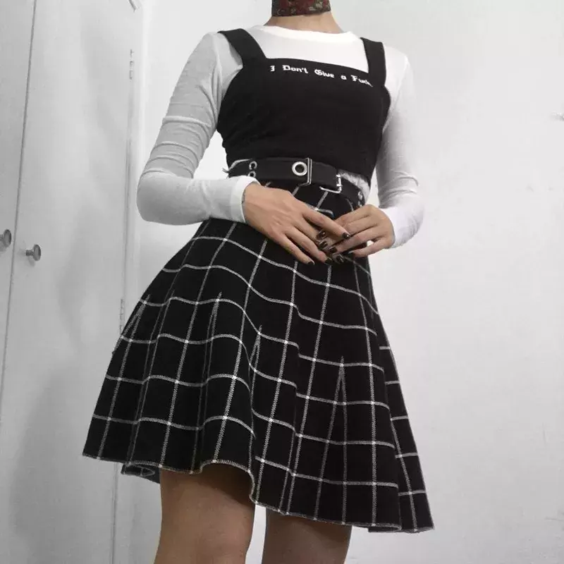 Женская винтажная клетчатая мини-юбка, черная трапециевидная юбка в готическом стиле, с высокой талией, в стиле E-girl, уличная одежда в стиле Х...