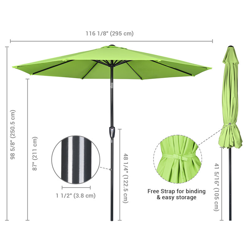 10FT Outdoor Paraplu Patio Vervagen Weerstand Parasol UV50 + Bescherming Fruit Groen