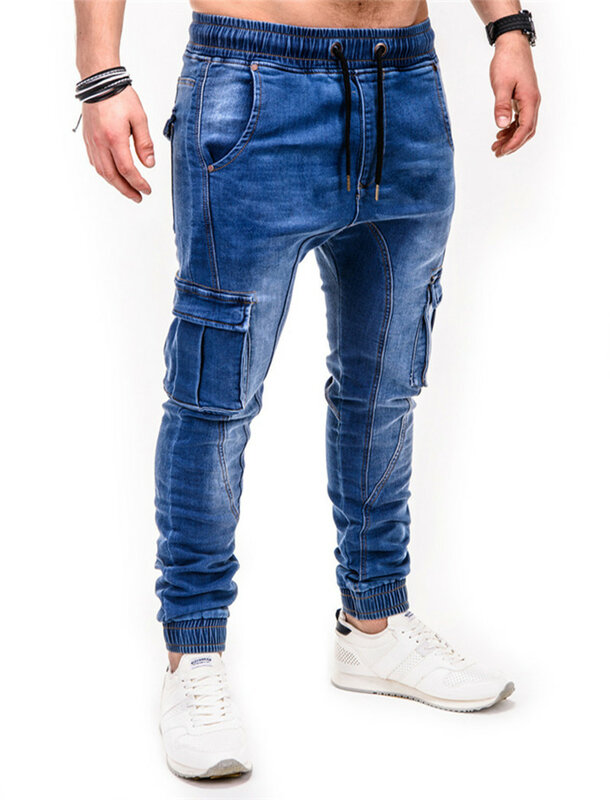 Clássico azul jeans denim calças de algodão dos homens causal vintage carga calças com cordão elástico lápis jeans masculino zíper ornamento