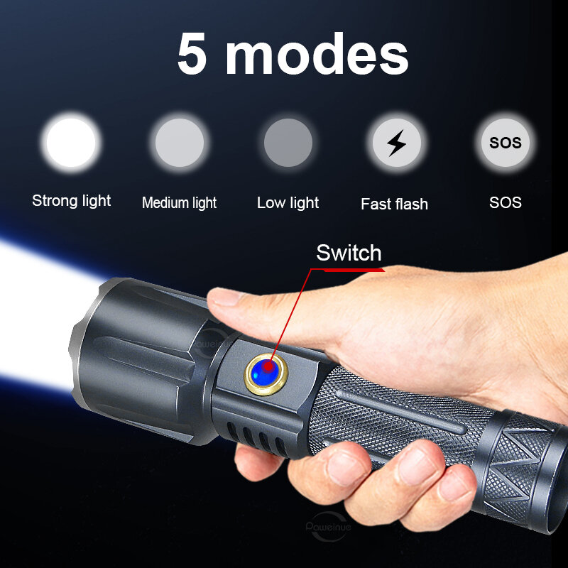 LED 손전등 USB 충전식 손전등 1500M 고성능 LED 손전등 줌 전술 랜턴 롱 샷 토치