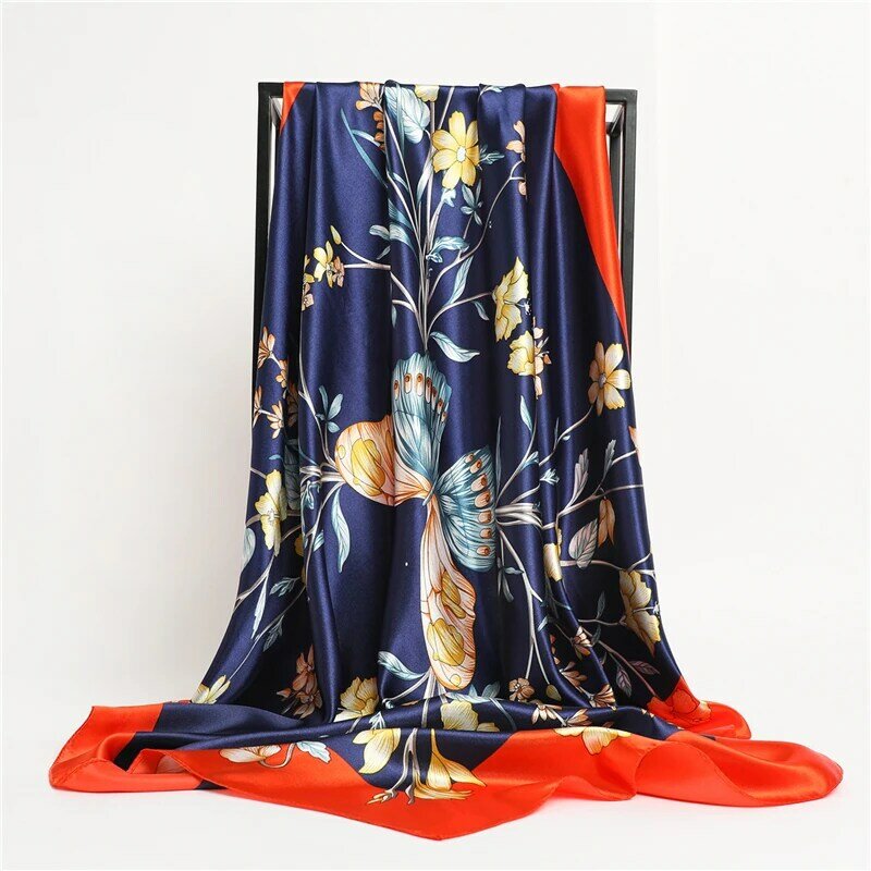 Bufanda cuadrada de seda satinada para mujer, con estampado Floral Hijab, Bandana fina, chal de moda, 90x90cm, 2022