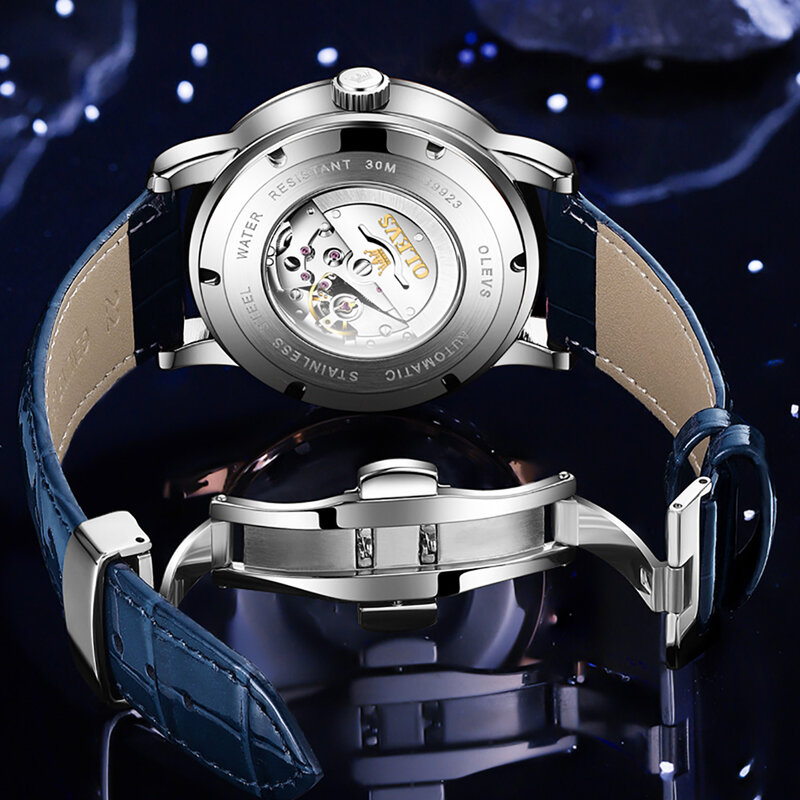 Olevs automático mecânico pulseira de couro genuíno masculino relógio de pulso moda céu estrelado completo-automático à prova dwaterproof água para homem