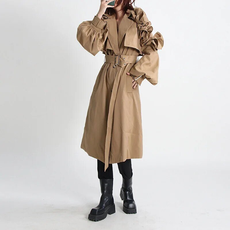 2023 design de moda feminina trench coat lapela único breasted ombro plissado manga longa cinto blusão outono