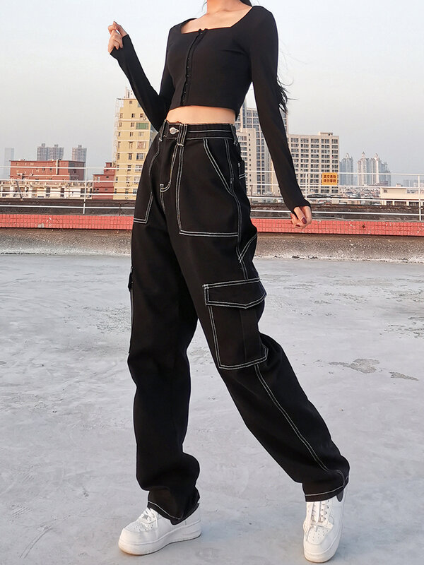 Weehold celana kargo tambal sulam wanita, celana Denim kargo longgar gaya Korea musim gugur musim dingin 100% katun untuk wanita