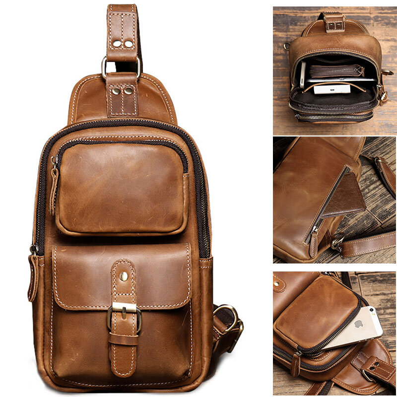 Men's Retro Genuine Leather Top Layer Cowhide Shoulder Bags Waterproof Crossbody Travel Sling Messenger Pack Chest Bag for Male