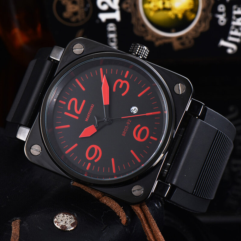 Top Brand Luxury Wristwatch Rubber Strap Band Quartz Multifunction Business Stainless Steel Case Men Square Watch Gift Clock