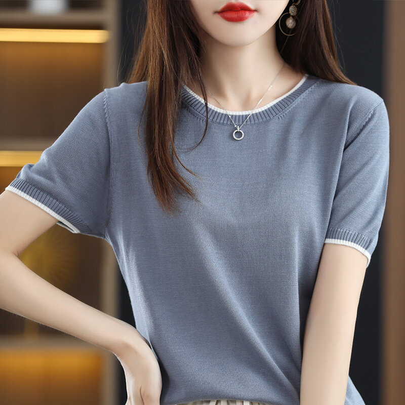2022 verão camisola feminina de manga curta pura tencel malha seção fina cor correspondência solta em torno do pescoço camiseta topo na moda