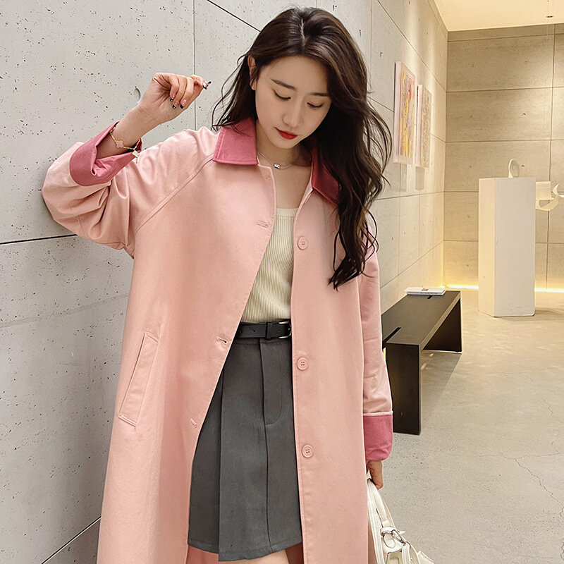 Женская Длинная ветровка средней длины, розовая ветровка выше колена, контрастная Свободная куртка с лацканами, одежда