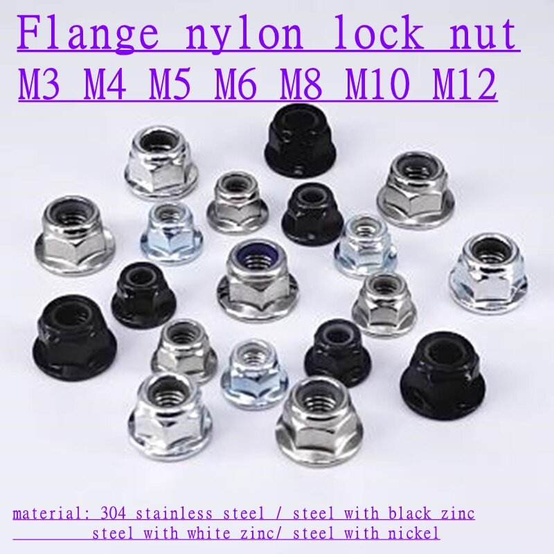 Tuerca de bloqueo de nailon con brida negra, autoblocante Nylock tuerca de bloqueo, M3, M4, M5, M8, M10, M12, 2-50 piezas