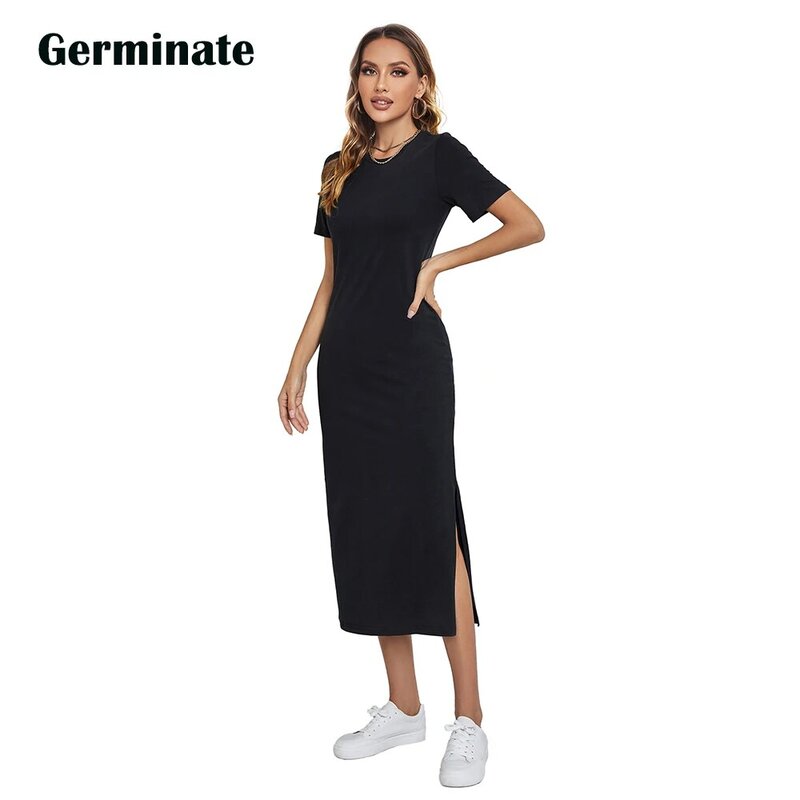 Vestido camisero largo de manga corta para mujer, vestido largo informal, falda dividida, color negro, elegante, para verano, 2023