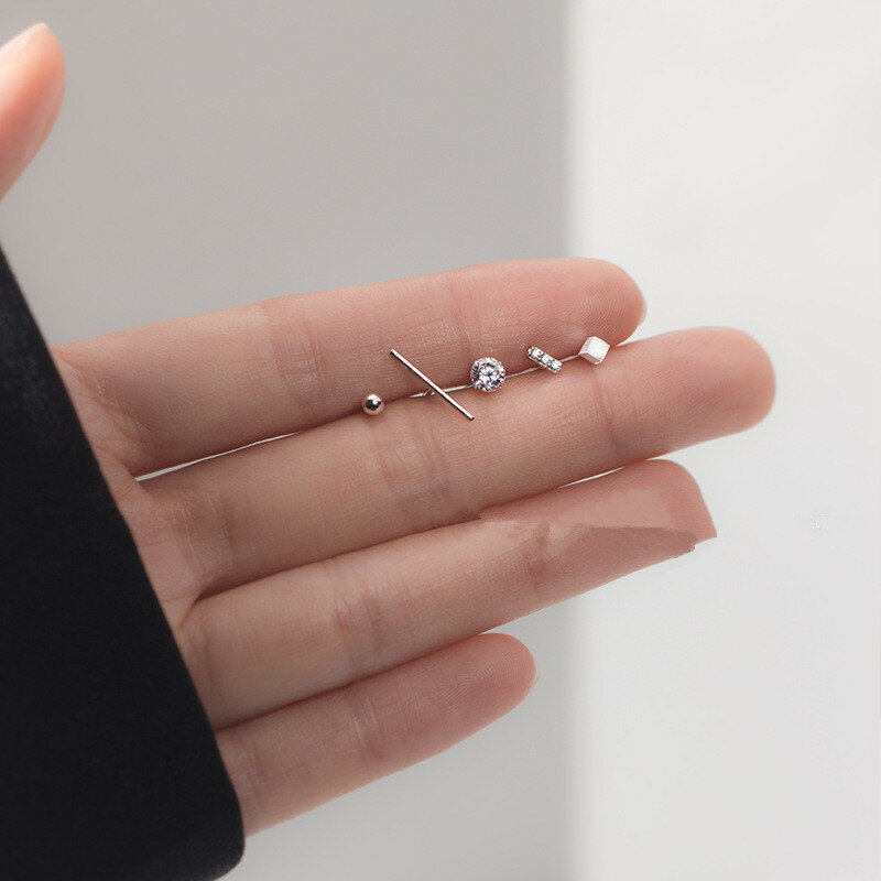 100% 925 Sterling Silver Zircon Piercing Stud Earrings for Women Simple Geometric Round Bead Earrings Jewelry b101