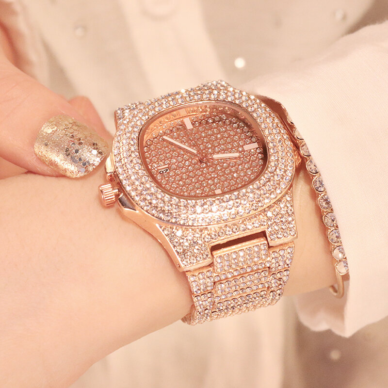 Reloj de cuarzo de oro rosa para mujer, pulsera de lujo con diamantes dorados, réplica de marca de lujo, de acero inoxidable, 2021