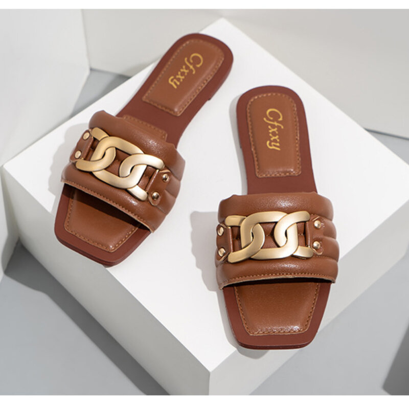 Fashion Outerwear Metal Buckle Ladies Slippers Beach Flat Casual Slides