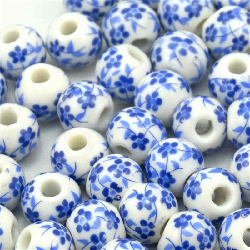 20 Buah Warna Putih dengan Desain Biru Bulat Bahan Ramah Lingkungan Manik-manik Keramik 8Mm