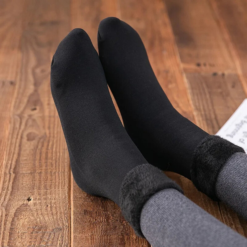 5 pares/lote inverno quente sólido meias femininas engrossar meias térmicas lã cashmere pele preta sem costura neve meias de veludo unisex