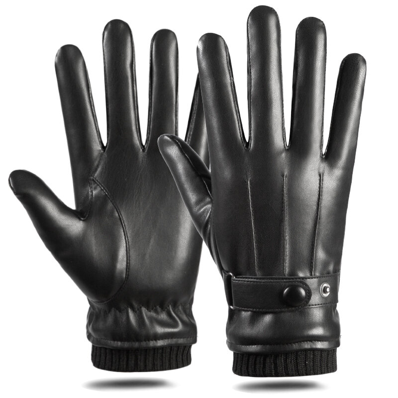Mannen Winter Handschoenen Lederen Zwarte Handschoenen Knop Warme Wanten Luxe Pu Leer Rijden Mannen Echt Winddicht Rijden Handschoenen
