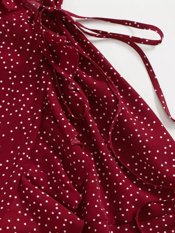 Kleider für frauen 2022 Polka Dot Knoten Side Rüschen Trim Wrap Cami Kleid