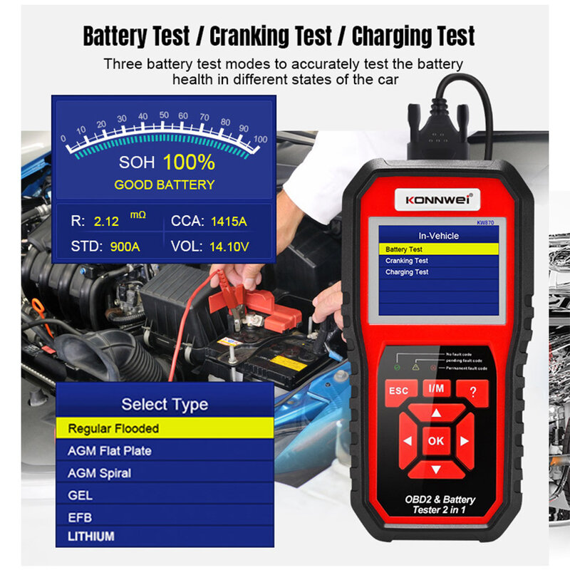 12V Car Battery Detector KW870 Car OBD Fault Diagnosis Instrument OBD2 Scanner Check Engine Code Reader Scan Tool