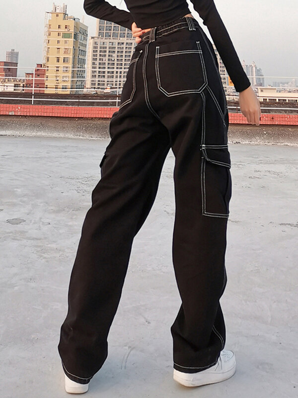 Weewep tasche Patchwork Jeans larghi moda Streetwear 100% cotone donna Denim pantaloni larghi Cargo pantaloni coreano autunno inverno