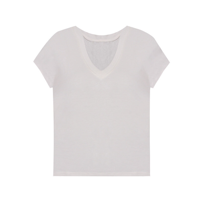 Camiseta holgada con cuello en V para mujer, camisa blanca de manga corta y media manga, Top de reina de primavera y verano