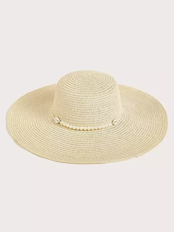 Faux Pearl & Shell Decor Straw Hat