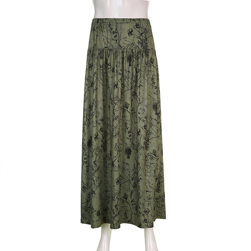 Hirigin y2k estético gráfico impressão de cintura alta saias longas moda vintage plissado saias 2000s retro feminino harajuku streetwear