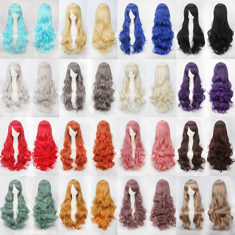 Peluca de 80CM para mujer, cosplay con pelo largo y rizado femenino, multicolor, negro, plata, gris, blanco y rosa, peluca de animación