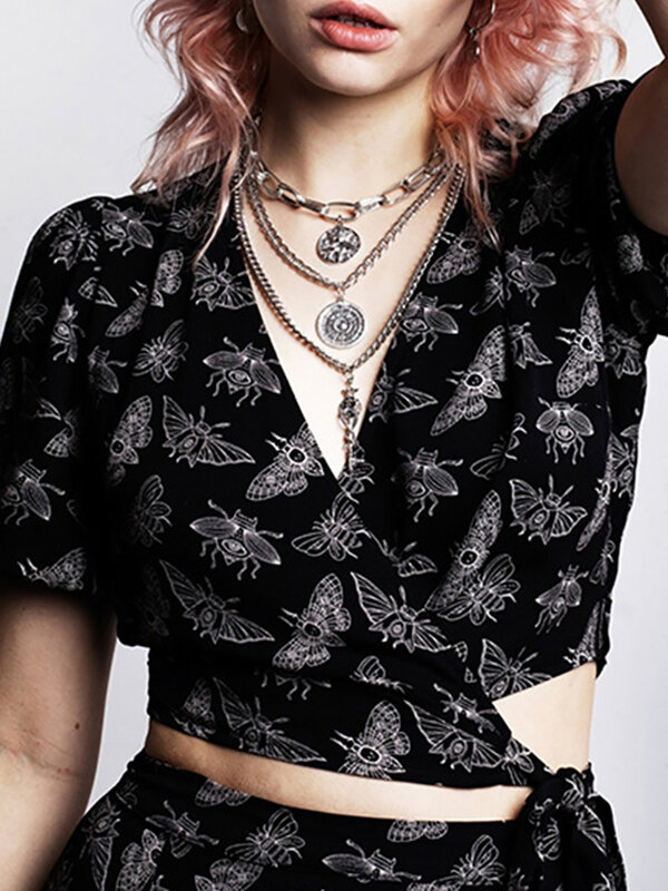 Goth Dark Emo Mall, Готическая Эстетическая женская рубашка, летний гранж-панк, черная блузка, футболка, Альтернативная повязка, сексуальный укороч...