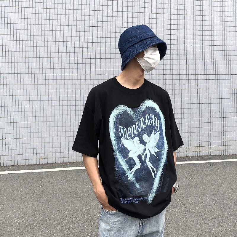 Wróżka drukuj serce Graffiti koszulki dla pary lato O-Neck przytulne Casual topy główna ulica Harajuku Streetwear Punk e-girl T-shirt