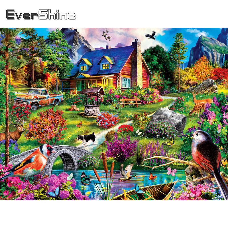 EverShine Lukisan Berlian Taman 5D Kedatangan Baru Berlian Bordir Rumah Lanskap Mosaik Alam Kruistik Burung Dekorasi Dinding