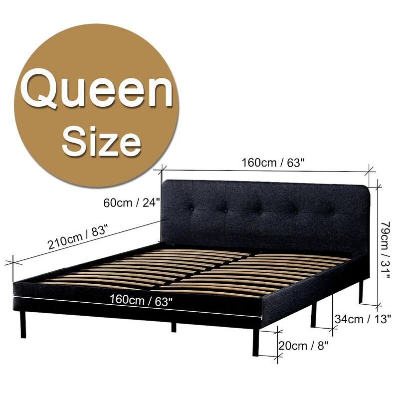 Black/Grey Modern Platform Bed Frame with Wooden Slat Support Queen Size Without Mattress Bedroom Furniture 83x63x33inch
