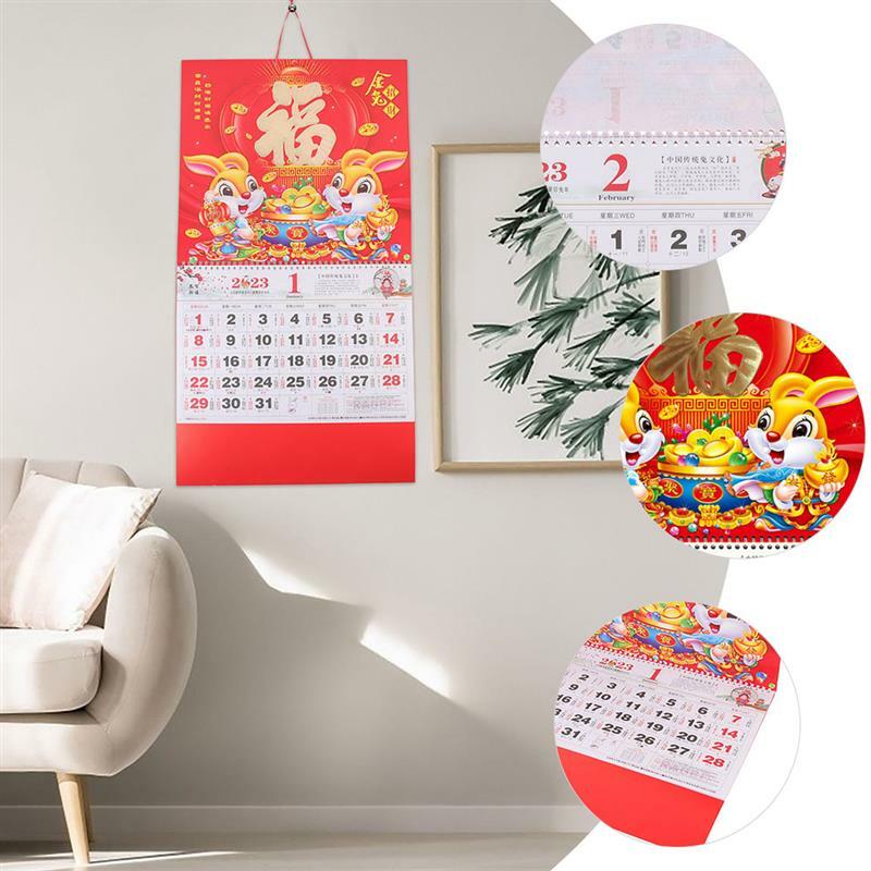 2 szt. Kalendarz ścienny w stylu chińskim wisiorek rok kalendarza królika dekoracyjny kalendarz miesięczny 2023