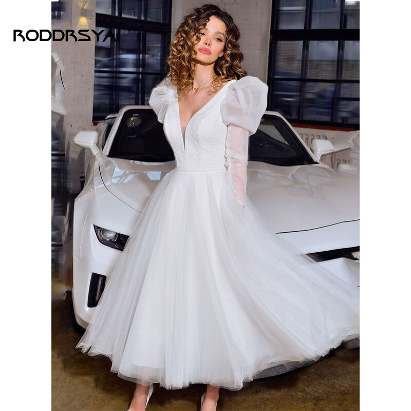 Женское Короткое свадебное платье RODDRSYA, фатиновое платье до щиколотки с глубоким V-образным вырезом, пышными рукавами и открытой спиной, инд...