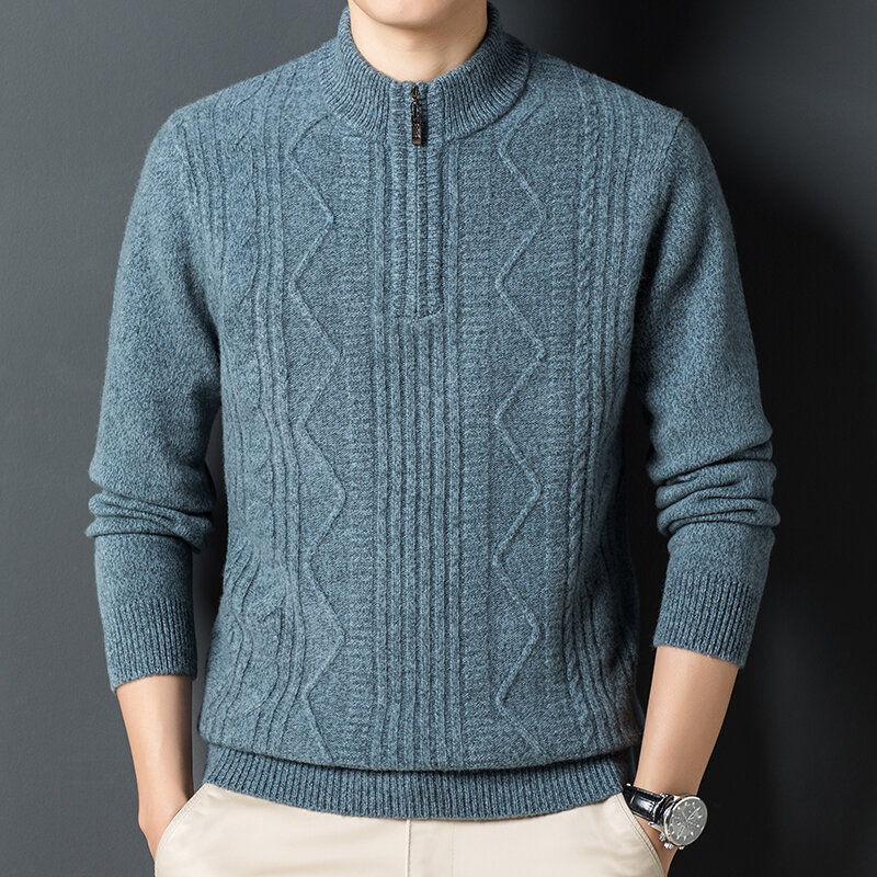 Men's High Quality 100% Wool Base Knitwear Winter Warm Leisure Fashion Zip-up Turtleneck Men's Sweater