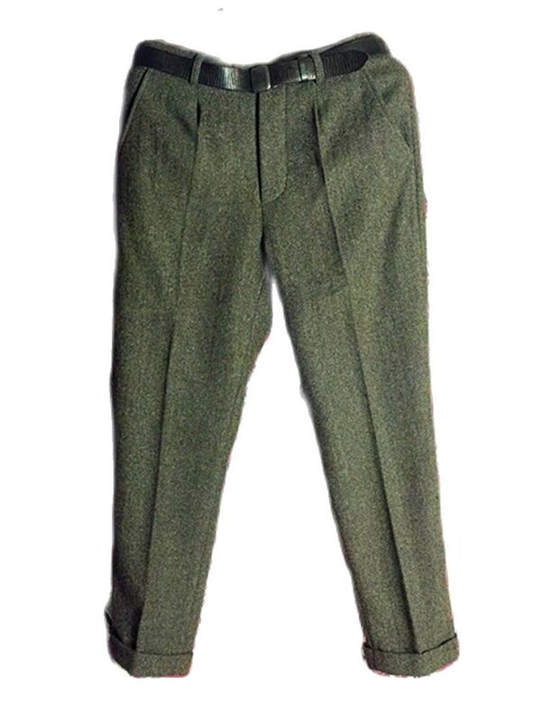 Herringbone Tweed ตรงเอวสูงกางเกงผู้ชาย Classic Essential กางเกงขนสัตว์ Husaband Vintage Amekaji Overalls ไม่มีเข็มขัด