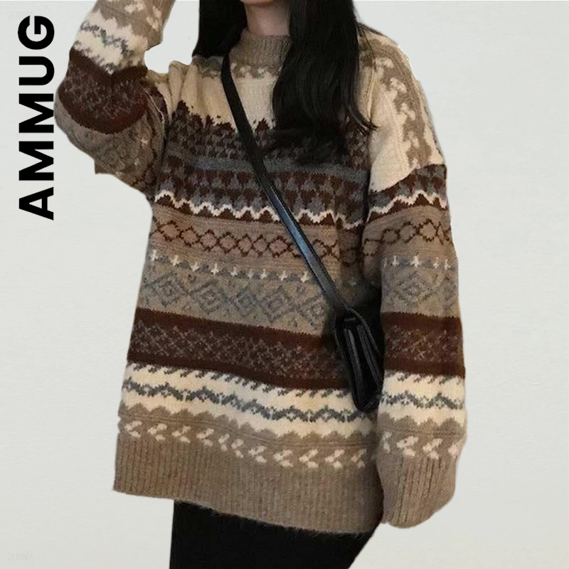 Ammug-o넥 패션 니트, 여성 스웨터 점퍼, 스위트 스웨터, 숙녀용 세련된 레저 니트 스웨터, 부드러운 풀오버, 니트웨어