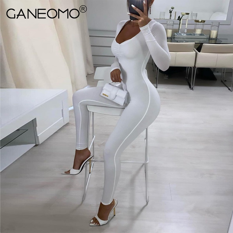 2021 solide Langarm V-ausschnitt Bodycon Drapierte Sexy Overall Sommer Herbst Frauen Mode Streetwear Party Club Outfits