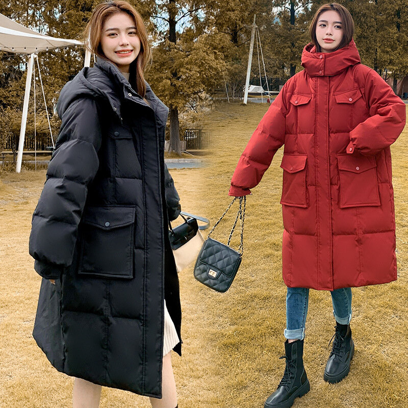 후드 다운 재킷 겨울 플러스 사이즈 여성 한국어 버전 레드 롱 경량 보온 방풍 솜털 소프트 재킷 코트, 따뜻한 겨울 의류 플러스 사이즈