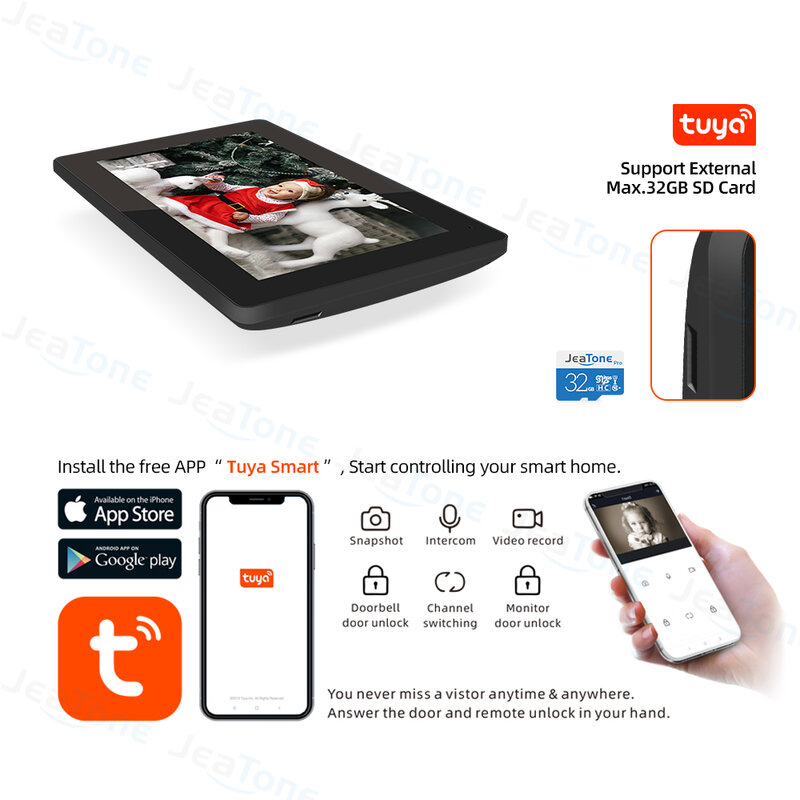 Jeatone – visiophone intelligent WiFi pour maison, écran tactile 1080P, sonnette filaire, application Tuya, moniteur de déverrouillage de carte de mot de passe