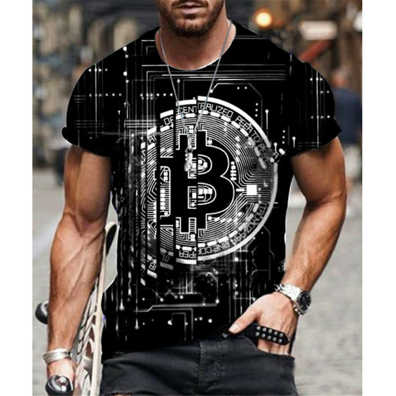Verão nova moda masculina de manga curta solta camiseta bitcoin impressão 3d fino em torno do pescoço pulôver casual moda streetwear