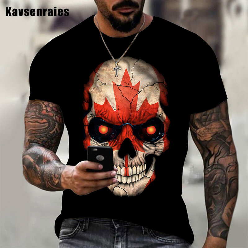 T-shirt à manches courtes imprimé en 3D pour hommes et femmes, Streetwear décontracté et surdimensionné unisexe, Design de crâne de drapeau National du Canada, à la mode, 2022
