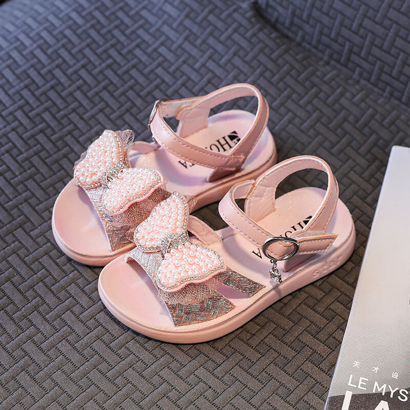 Детские сандалии для девочек, Новинка лета 2022, легкие детские повседневные туфли с бантом-бабочкой, симпатичная обувь принцессы с жемчугом ...