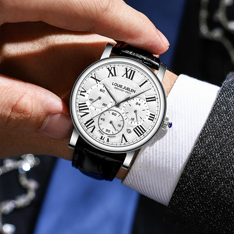 Belushi-Reloj de pulsera clásico para hombre, cronógrafo de cuero, de cuarzo, de lujo