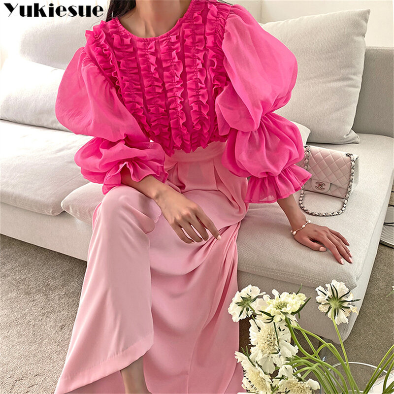Lantren Sleeve Ruffles solidne damskie bluzki topy letnie koreańskie projektanci nowa elegancka elastyczna wąska talia krótki Top Mujer bluzka