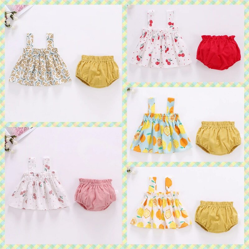 طفل الفتيات 100% القطن الصيف كوريا الجنوبية الملابس فستان قصير + PP السراويل 2 قطعة مجموعة الرضع ملابس الموضة طباعة الطفل لفتاة