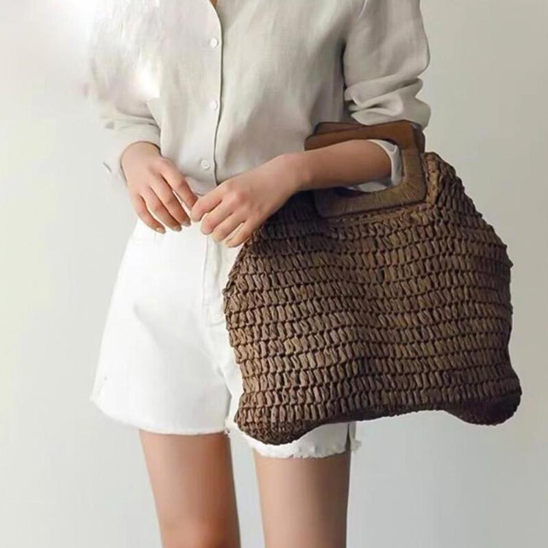 ผู้หญิงฟางทอไหล่กระเป๋าฤดูร้อนวินเทจ Handmade ถัก Totes Casual Daily วันหยุดยี่ห้อ Designer กระเป๋าถือผู้หญิง