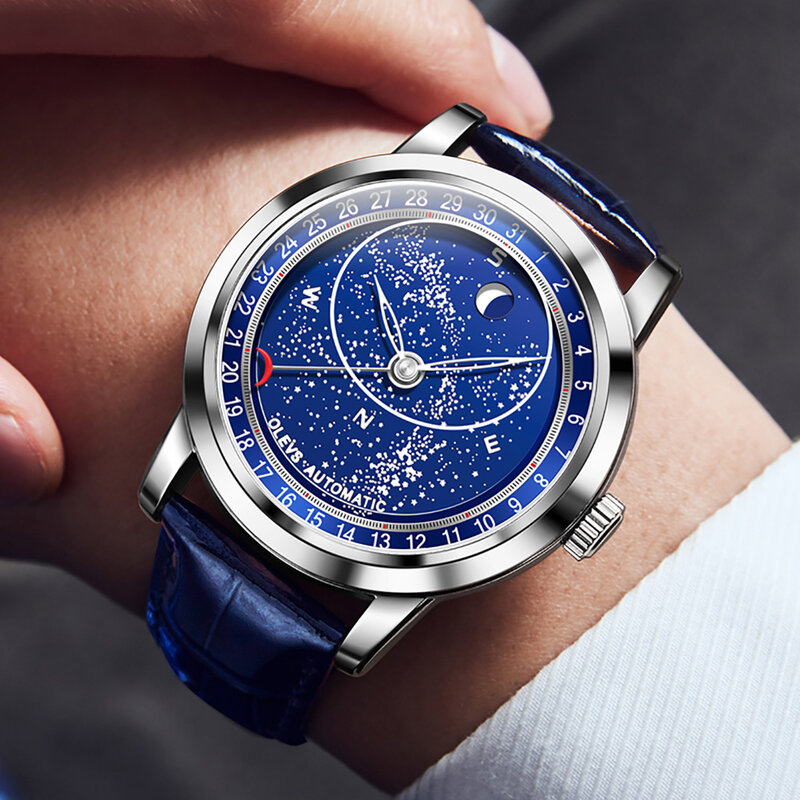 OLEVS automatyczny mechaniczny pasek ze skóry naturalnej męski zegarek moda w pełni automatyczny Starry Sky wodoodporny zegarek dla mężczyzn