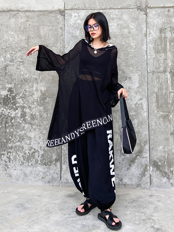 XITAO Letter Casual Asymmetrical Women's Sets Women 2020 Autumn Trendy Fashion New Style Hooded Collar Lantern Pants ZYQ4337